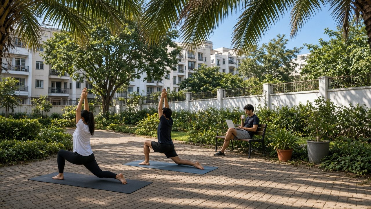 AI-styled visualisation: two people doing yoga on mats on the paved garden under palm trees while another relaxes on a bench