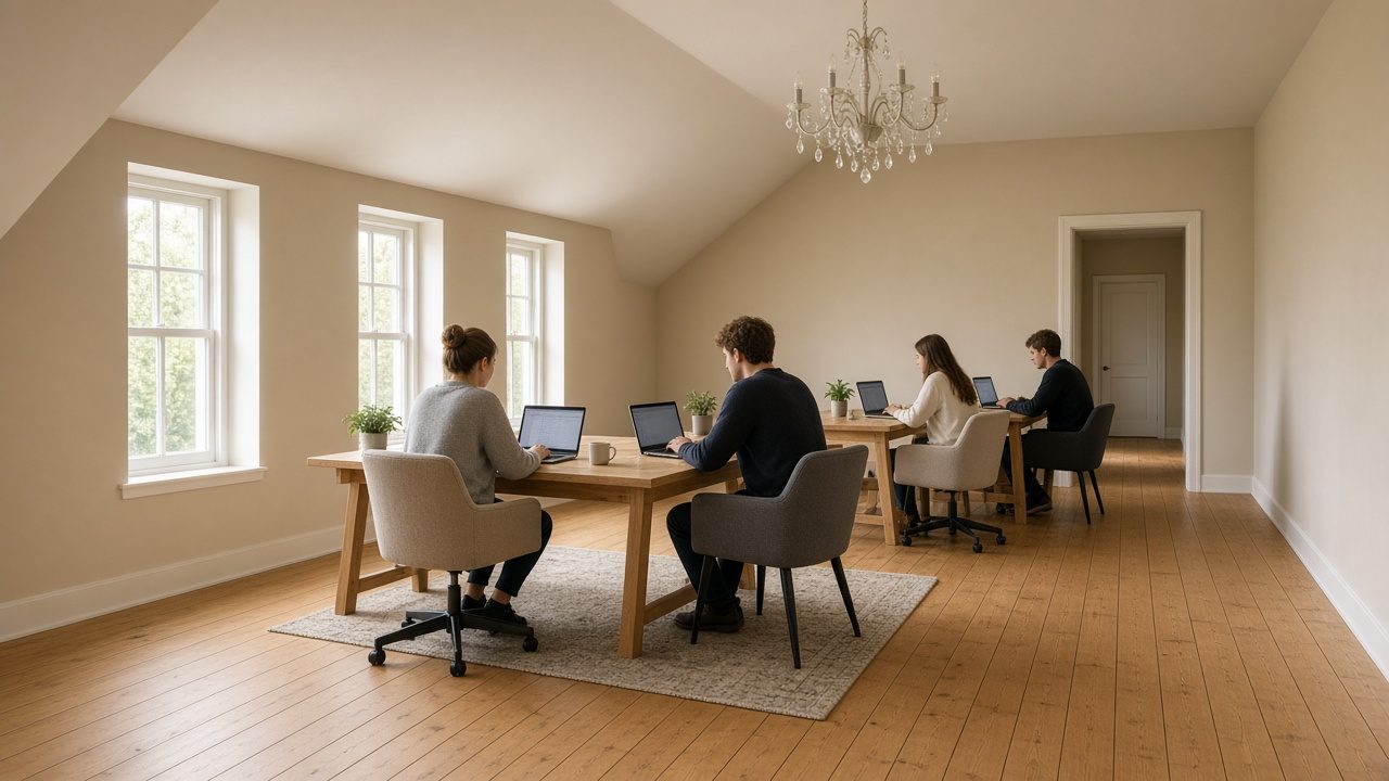 AI-styled visualisation of hot desks at Howzit?, a coworking space in Sea Point, Cape Town: four people working on laptops at shared wooden desks in a bright room with tall windows, wooden floors and a chandelier