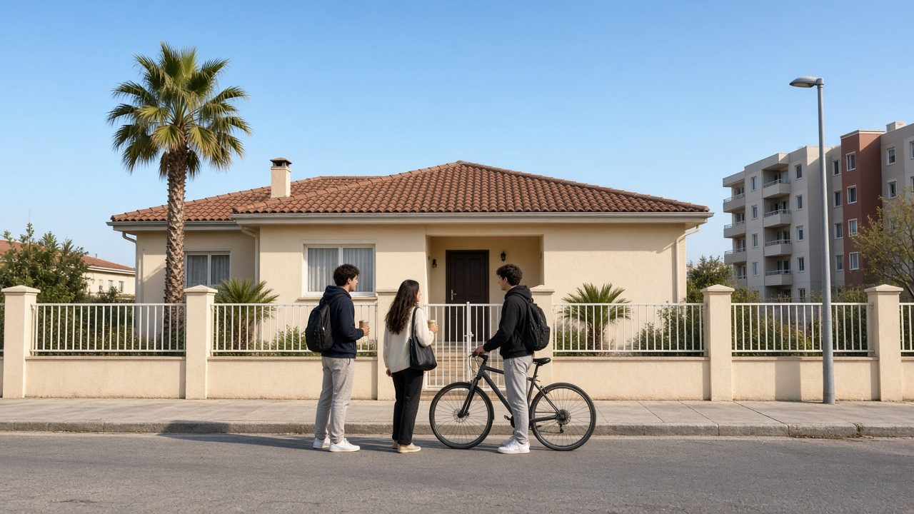 AI-styled visualisation: three friends arriving at the front gate of a single-storey Sea Point house with a palm tree, one wheeling a bicycle and two holding coffees