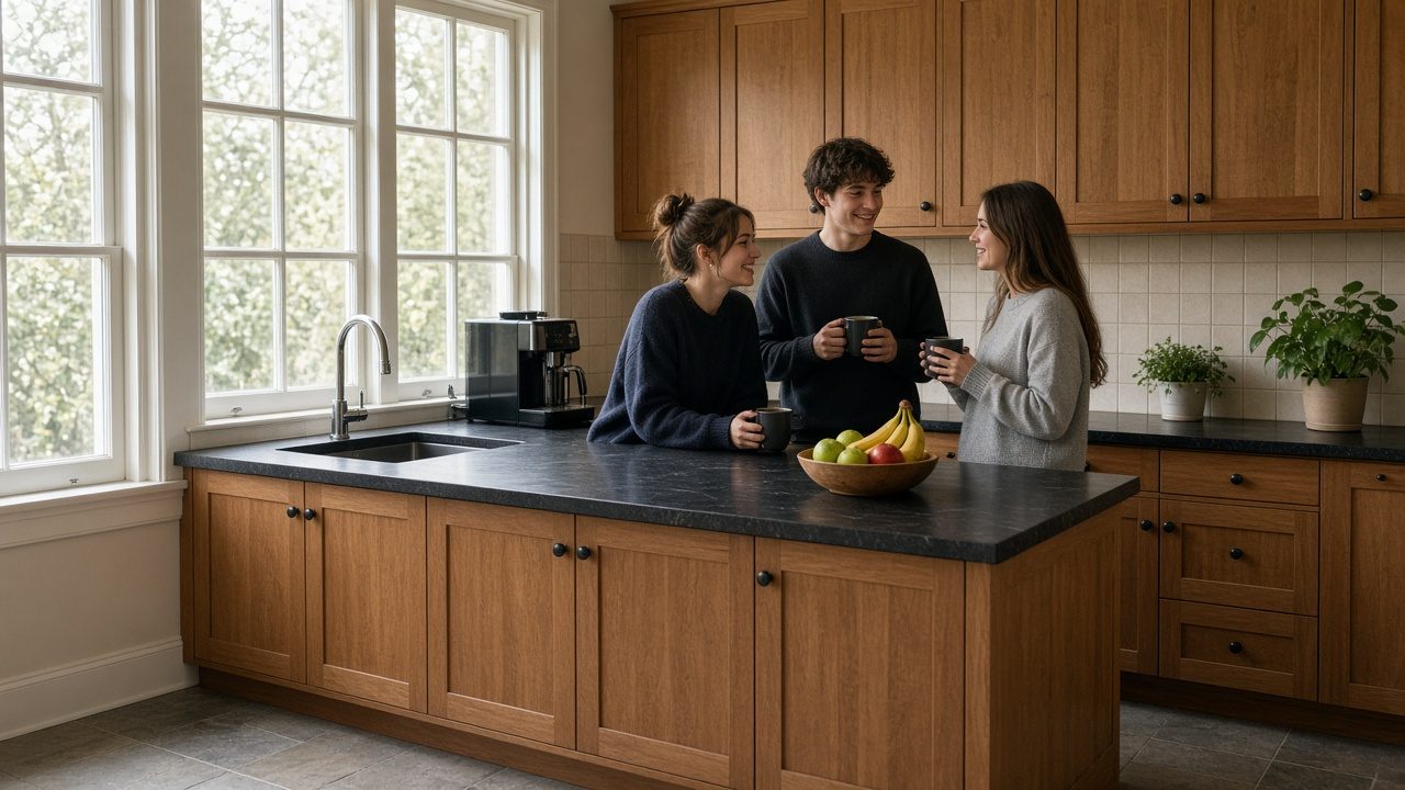 AI-styled visualisation: three people chatting over coffee at the kitchen counter beside wooden cupboards and a window