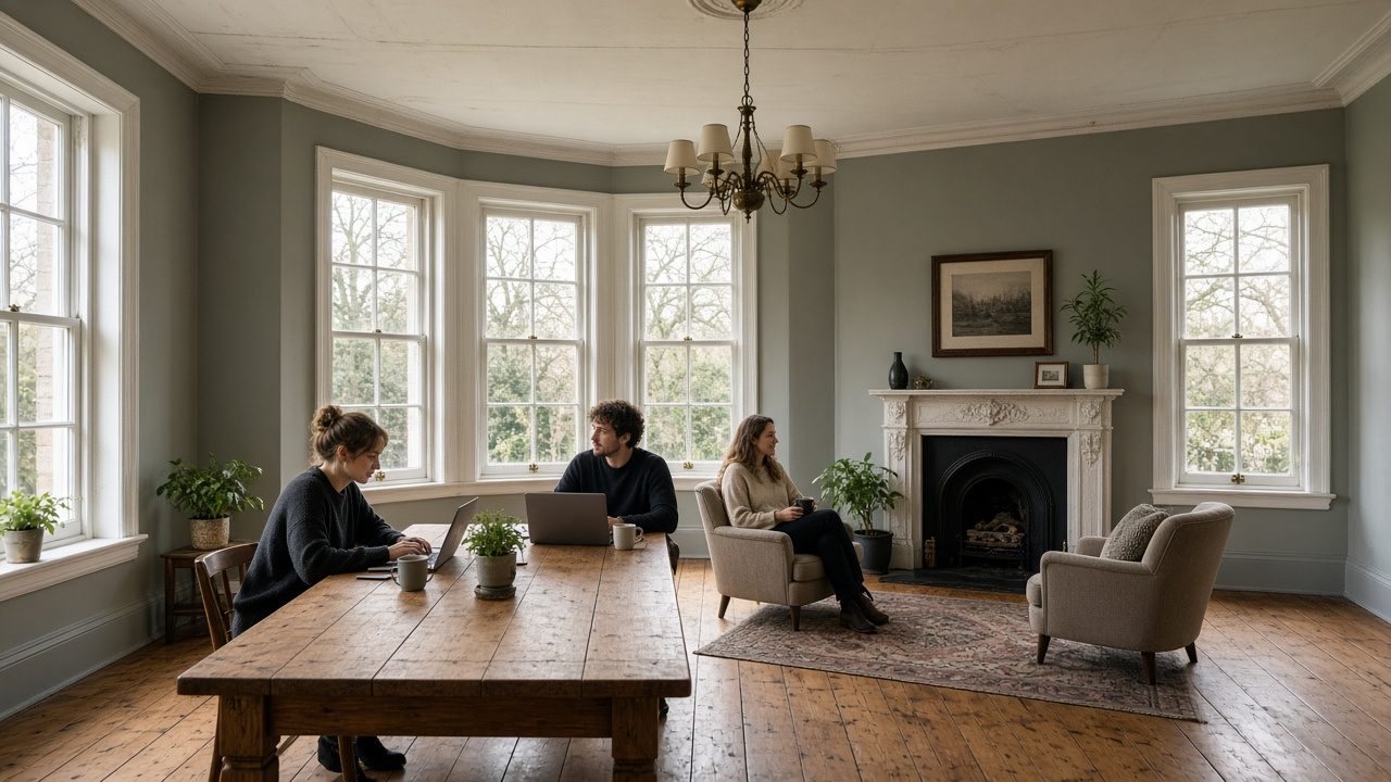 AI-styled visualisation of the coworking lounge at Howzit? in Sea Point, Cape Town: people working at a long wooden table and relaxing in armchairs in a bright lounge with a fireplace, bay windows and a chandelier