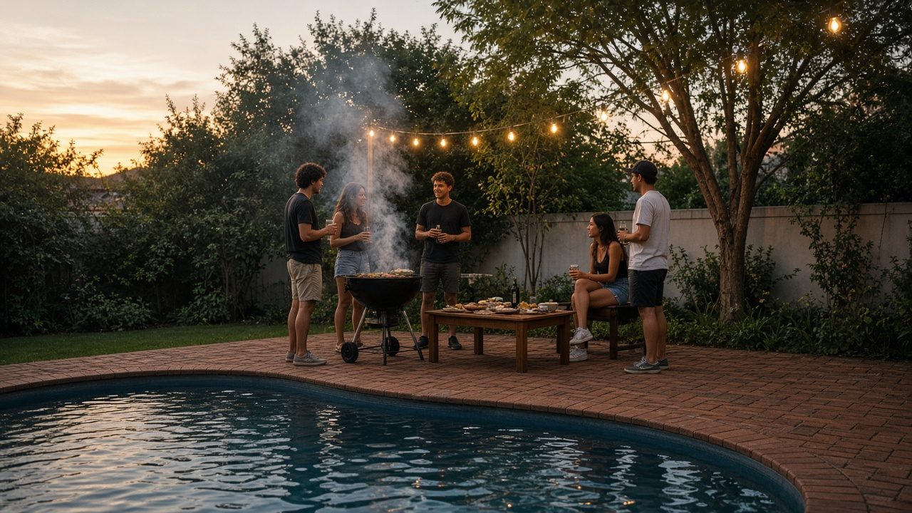 AI-styled visualisation: friends gathered around a braai at sunset beside the pool, with string lights in the trees and a wooden table set for dinner