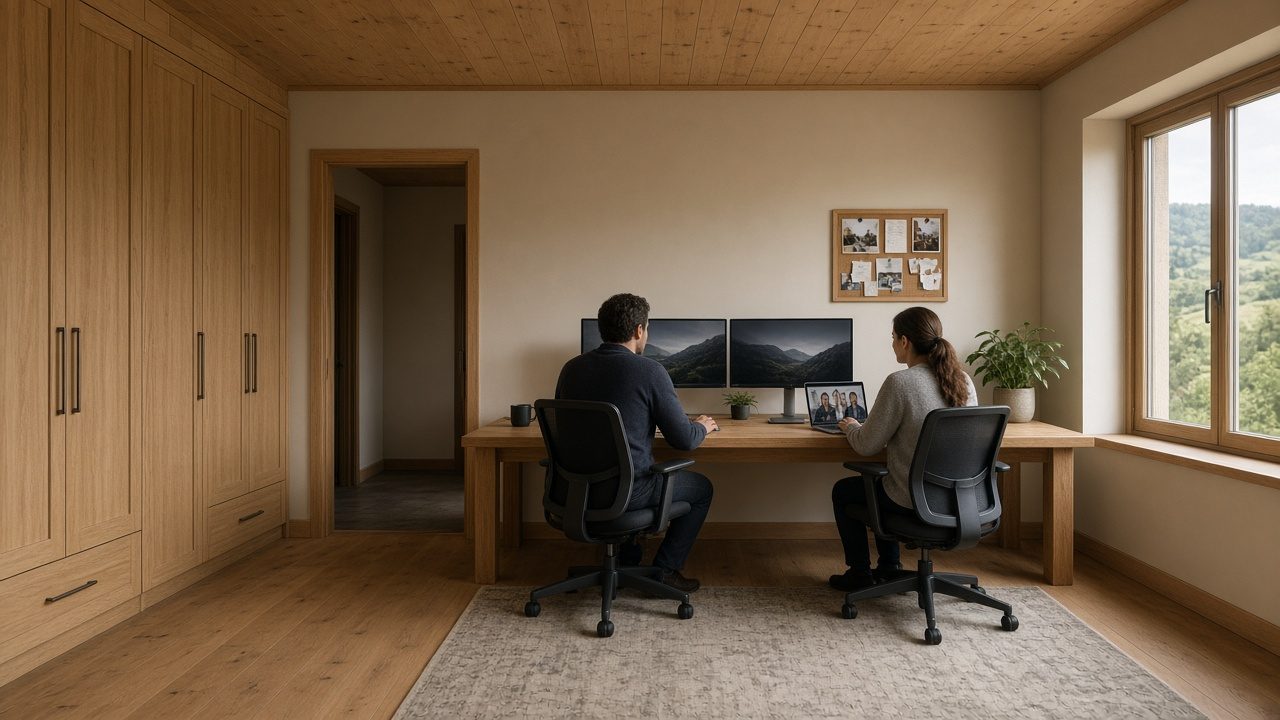 AI-styled visualisation of a private office at Howzit? coworking, Sea Point, Cape Town: two people working side by side at a long desk with dual monitors in a private office with built-in wooden cupboards and a garden window