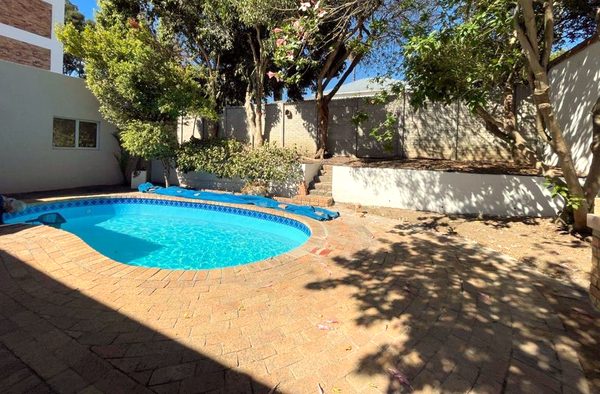 The kidney-shaped pool with brick paving, a raised garden bed and trees