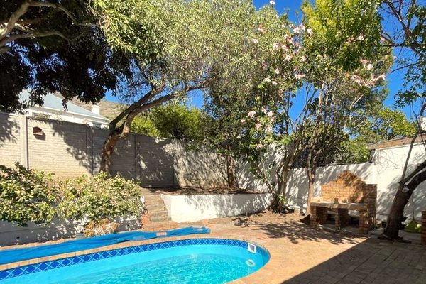 The real pool and the built-in brick braai in the back garden, shaded by trees