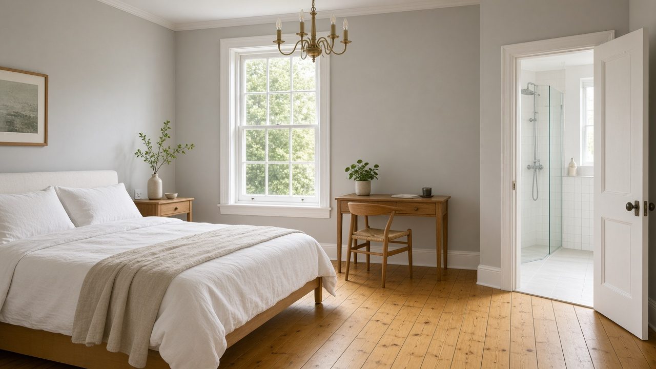 AI-styled visualisation: minimalist en-suite bedroom with wooden floors, a sash window and a private shower room