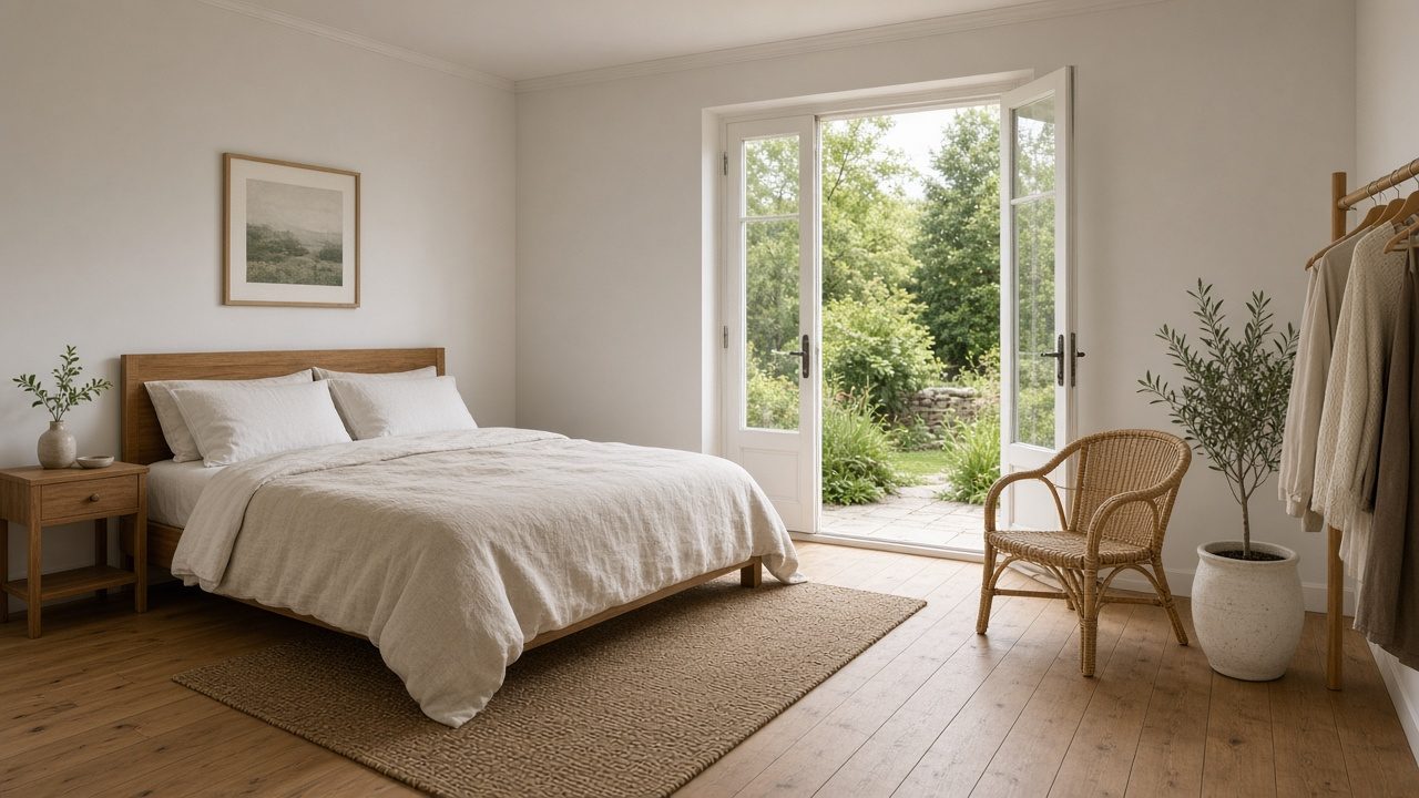 AI-styled visualisation: minimalist bedroom with wooden floors and French doors to the garden