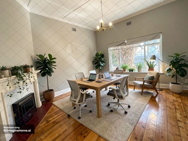 AI-staged visualisation: the fireplace room set up with a shared work table, chairs and plants