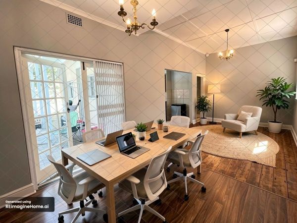 AI-staged visualisation: the room with French doors to the garden set up as a coworking space in Sea Point, Cape Town
