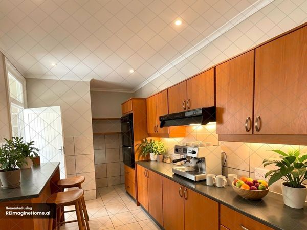 AI-staged visualisation: the kitchen with a coffee machine, bar stools and plants