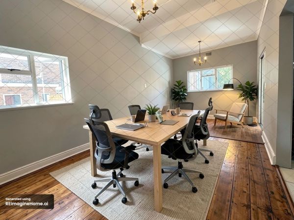 AI-staged visualisation: the long room set up with a communal work table